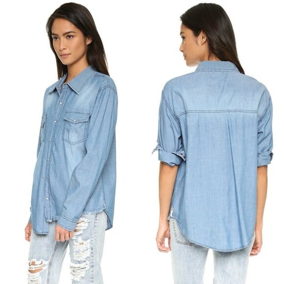 Free People One Teaspoon Chambray Denim Shirt Jean Button Down Frayed Blue XXS - Picture 1 of 16
